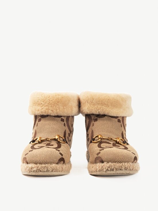 Gucci Fria Beige Jumbo GG Sherpa Horsebit Ankle Boots - Picture 2 of 11